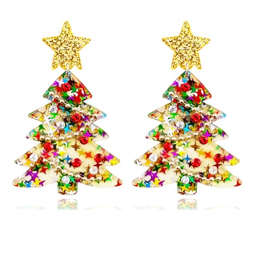 Weihnachtsohrringe für Frauen, niedlicher Acryl-Weihnachtsbaum-Ohrring, funkelnder Weihnachtsohrring, baumelnder Ohrring, bunter Weihnachtsschmuck, Middle, Acryl, Kein Edelstein von Xeyau