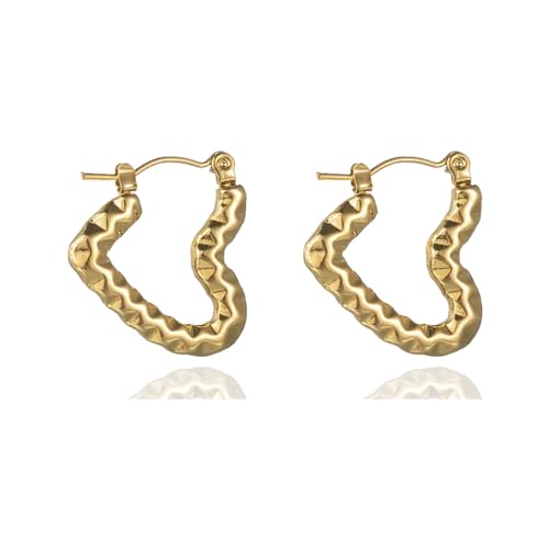 Xeyau Goldene Creolen für Frauen, kleine klobige Herzkreis-Creolen, gehämmerte Körnung, Huggie-Creolen, Edelstahl, Kein Edelstein von Xeyau