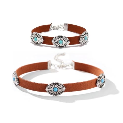 Xeyau Western Choker Halsketten Armband Set für Frauen Country Concert Outfits Bohemian Vintage Türkis Halskette Cowgirl Cowboy Country Armbänder Boho Choker Halskette Zubehör, Middle, Legierter Stahl von Xeyau