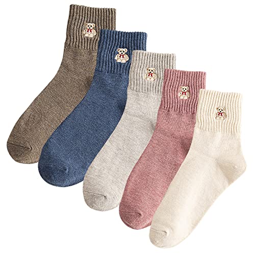 Xhonp 5 Paar Damensocken, niedliches Cartoon-Tier-Knöchel-Stickerei, Bär, lässig für Damen, Farbe A, Einheitsgröße von Xhonp