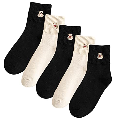 Xhonp 5 Paar Frauen Socken Cute Cartoon Tier Knöchel Stickerei Bär Casual für Frauen Socken, schwarz und beige, Einheitsgröße von Xhonp