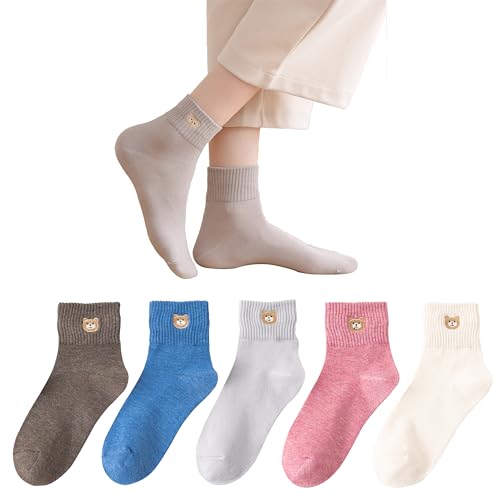 Xhonp 5 Paar Frauen Socken Niedliche Cartoon Tier Knöchel Stickerei Bär Casual für Frauen Socken, Farbe E, Einheitsgröße von Xhonp