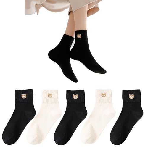 Xhonp 5 Paar Frauen Socken Niedliche Cartoon Tier Knöchel Stickerei Bär Casual für Frauen Socken, Farbe G, Einheitsgröße von Xhonp