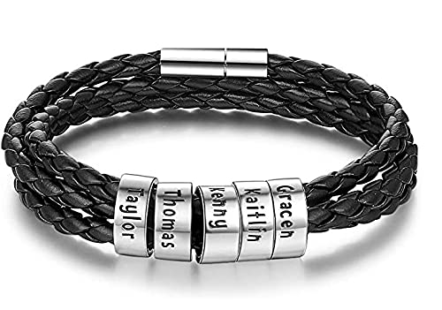 XiXi Personalisierte Armband Silber Herren Lederarmband Gravur 5 Namen Geflochten Leder Männer Armbänder Damen Armreif Manschette Freundschaft Familie Geschenk für Valentinstag Geburtstag von lorajewel