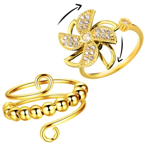 XiXiRan Spinner Ring Set - 2 Stück Anxiety Ring Gold, Verstellbar, Blume, Anti-Stress Drehbar, Mode-Accessoires, Legierung von XiXiRan