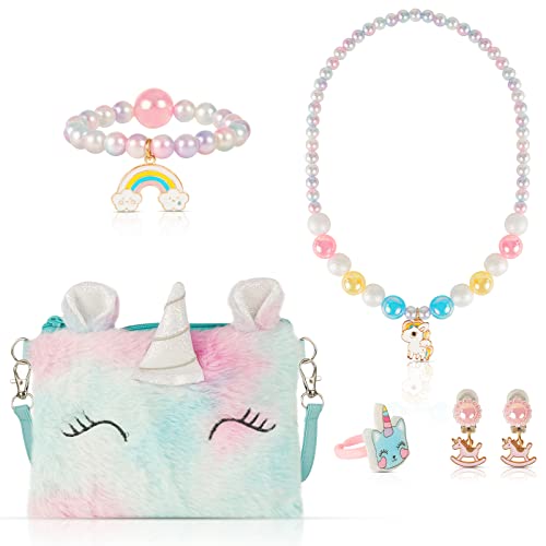 XiYee Kinder Schmuck Set, Handtaschen Mädchen Schmuck, Unicorn Kette Halskette Armband Ohrringe Ring für Kleine Mädchen Rollenspiel Geschenk (B) von XiYee