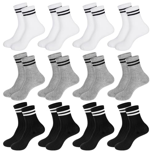 Xialvyu Tennis Sport Socken Kinder, 12 Paar Kinder Sportsocken, Bio-Baumwolle Crewsocks mit Frotteesohle, lässige Stretch Socken für Jungen Mädchen(6–8 Jahre alt Schwarz, Weiß und Grau) von Xialvyu