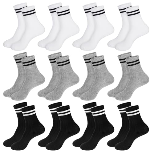 Xialvyu Tennis Sport Socken Kinder, 12 Paar Kinder Sportsocken, Bio-Baumwolle Crewsocks mit Frotteesohle, lässige Stretch Socken für Jungen Mädchen(9–12 Jahre alt Schwarz, Weiß und Grau) von Xialvyu