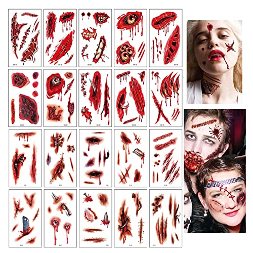 Xiang Ru 20 Blatt gruselige gefälschte Narben Tattoo temporäre Halloween Make-up Kit, gefälschte Stiche Tattoos 3D Schnitt Gesicht Wunde Blut Chucky Narben Tatoos von Xiang Ru
