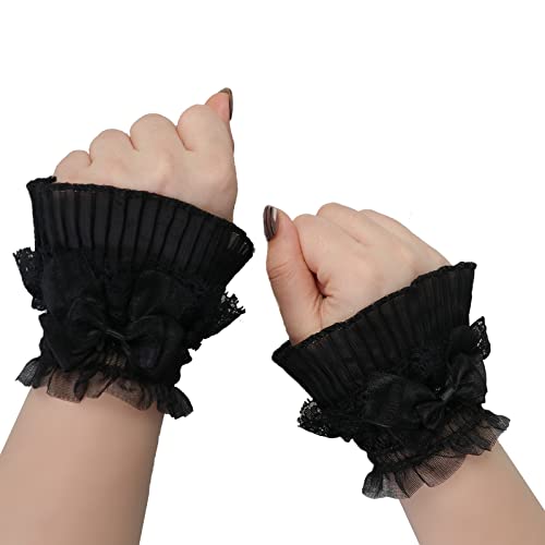 Xiang Ru Damen-Handgelenk-Manschetten mit Rüschen, faltig, abnehmbar, gefältelt, Gothic-Stil, Steampunk-Spitze, für Hochzeit, Party, K: Schwarz, Einheitsgröße von Xiang Ru