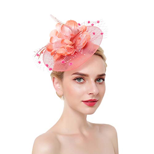 Xiang Ru Hochzeits-Fascinator, Netz-Stirnband, Leinen, Federhut, Haarschmuck für Damen, Wassermelonen-Rot von Xiang Ru