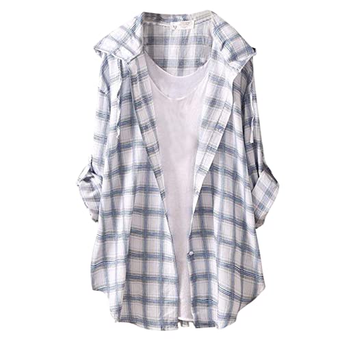 Bluse Damen Karierte Lang Langarmshirt Sonnenschutz Hemd Frühling und Sommer T-Shirt Top Strandtunika Dünne Mantel Blusenshirt Oberteile Tunika Große Größen Tops T-Shirts Sonnenschutz von Xiangdanful