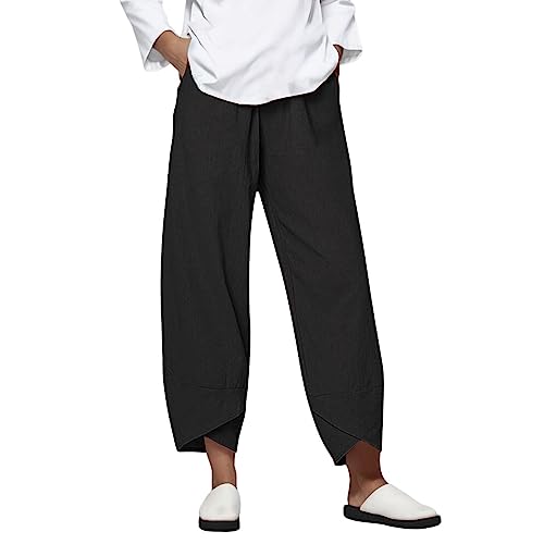 Leinenhose Damen Sommer Lang Sommerhose Leicht Straight Leg Baumwolle Leinen Hose Einfarbig Loose Freizeithose Elastischer Bund Bequeme Atmungsaktive Pants mit Kordelzug und Taschen Strandhose von Xiangdanful