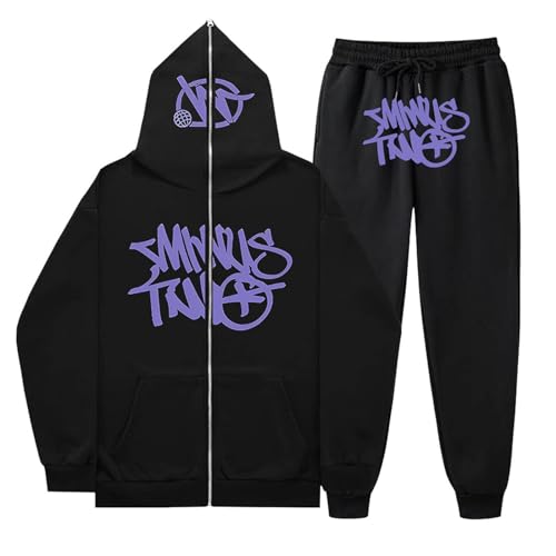 Minus Two Herren Trainingsanzug Cargo Hoodie Y2K Full Zip Männer Sweatshirt Hip-Hop Cargo Hosen Männer Streetwear Sportswear Langarm Harajuku Schwarz Bedruckte 2-Teiliger Anzug Unisex von Xiangdanful