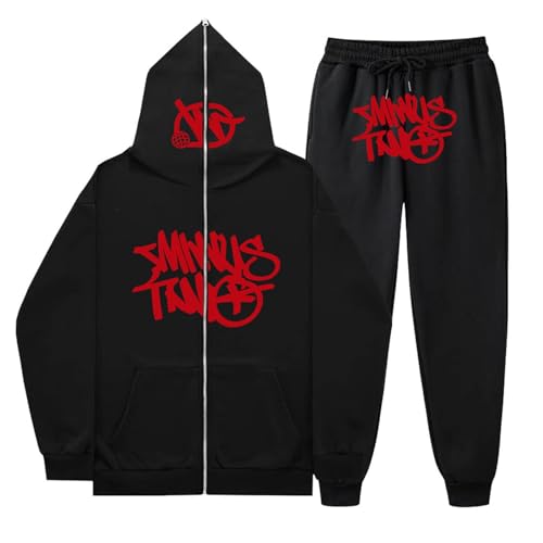 Minus Two Herren Trainingsanzug Cargo Hoodie Y2K Full Zip Männer Sweatshirt Hip-Hop Cargo Hosen Männer Streetwear Sportswear Langarm Harajuku Schwarz Bedruckte 2-Teiliger Anzug Unisex von Xiangdanful