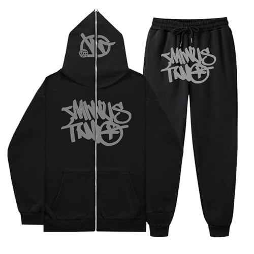 Minus Two Herren Trainingsanzug Cargo Hoodie Y2K Full Zip Männer Sweatshirt Hip-Hop Cargo Hosen Männer Streetwear Sportswear Langarm Harajuku Schwarz Bedruckte 2-Teiliger Anzug Unisex von Xiangdanful