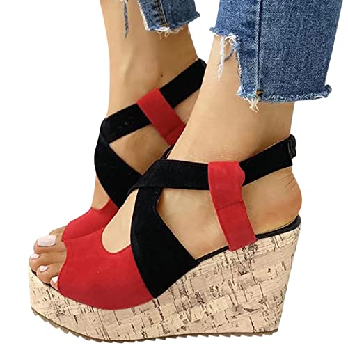 Xiangdanful Damen Keilsandaletten Plateau Damen Sandalen mit Hohem Keilabsatz Knöchelriemen Peep Toe Wedge Pantoletten Plattform Sandalen Elegante Sommer High Heels Pumps Absatzschuhe von Xiangdanful