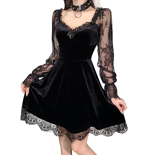 Xiangdanful Damen Kleid Sommer Minikleid Gothic Kleid T Shirt Kleid Hoodie Retro Vintage Steampunk Röcke Punk Kleid Lolita Langarm Mit Kapuze Swing Cosplay Kostüm Fasching Fasnacht Karneval Party von Xiangdanful