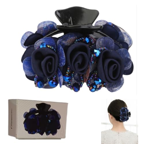 Elegante Rosen-Haarspange, marineblau, Blumen-Haarspange mit Strasssteinen, doppeltes Blumendesign. Haarschmuck für Damen von Xiangwenlan