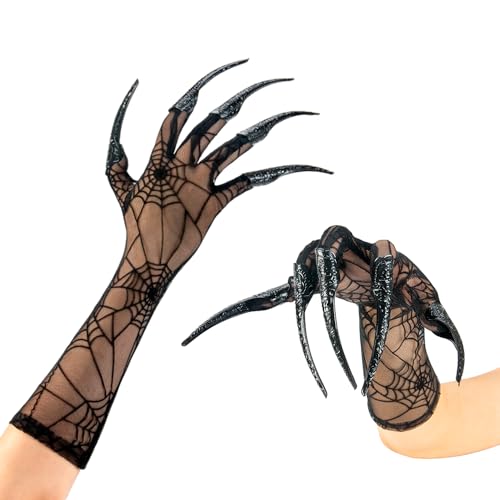 Xiao Cheng Ming Zhu Lange Finger Klauenhandschuhe Schwarze Katze Nagel Ringe Gruselige Vampir Dämon Krähe Halloween Cosplay Kostüm Zubehör für Frauen Kostüm (Spinnennetz Handschuhe & 10pcs Krallen), von Xiao Cheng Ming Zhu