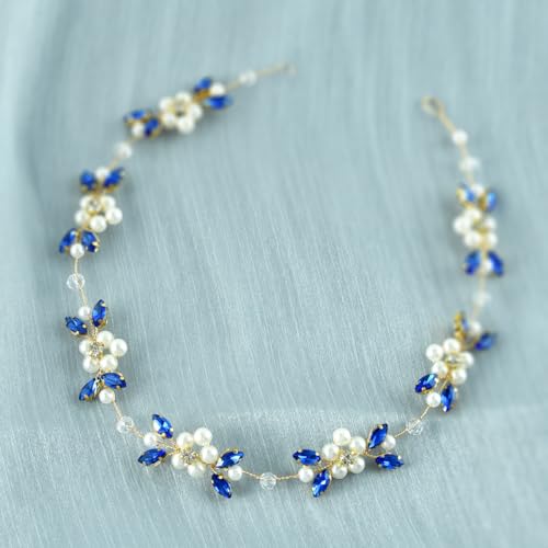 XIAO HUA Brautblumen-Haarnadeln, Kristall-Perlen, Haarkämme, Haarkamm-Clips, Kopfschmuck, goldfarben, Hochzeits-Haarschmuck, Schmuck mit Strass für Bräute, Brautjungfern, Damen (blau) A11 von Xiao Hua