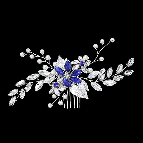 XIAO HUA Brautblumen-Haarnadeln, Kristall-Perlen, Haarkämme, Haarkamm-Clips, Kopfschmuck, goldfarben, Hochzeits-Haarschmuck, Schmuck mit Strass für Bräute, Brautjungfern, Damen (blau) A15 von Xiao Hua