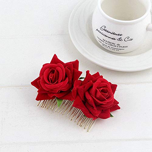 XIAO HUA Haarkämme mit Rosenblüten, für Damen, Hochzeits-Haarschmuck, Flamenco-Tänzerin, Rot, 2 Stück von Xiao Hua