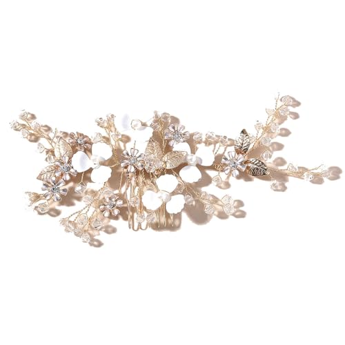 XIAO HUA Haarnadeln mit Blume, Kristall-Perlen, Haarkämme, Haarkamm-Clips, Kopfschmuck, goldfarben, Haarschmuck, Schmuck mit Strass für Bräute, Brautjungfern, Frauen (Gold) QP von Xiao Hua