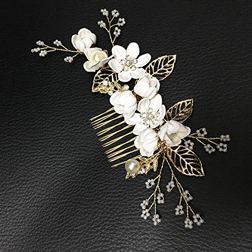 XIAO HUA Haarnadeln mit Blume, Kristall-Perlen, Haarkämme, Haarkamm-Clips, Kopfschmuck, goldfarben, Haarschmuck, Schmuck mit Strass für Bräute, Brautjungfern, Frauen (weiß) Q1 von Xiao Hua