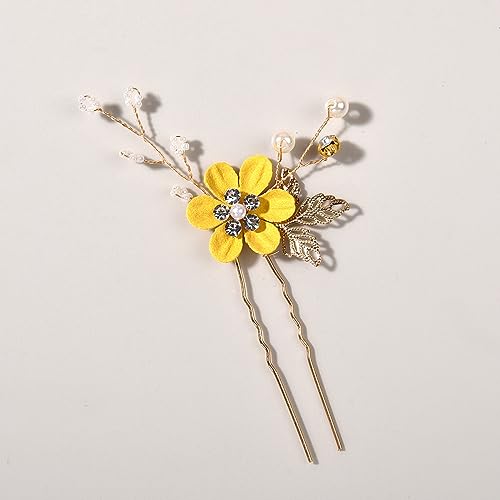 XIAO HUA Z4 Haarnadeln mit Blume, Kristall-Perlen, Haarkämme, Haarkamm-Clips, Kopfschmuck, goldfarben, Hochzeits-Haarschmuck, Schmuck mit Strass für Bräute, Brautjungfern, Frauen (gelb) von Xiao Hua