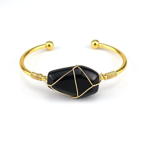 Xiao Hua - Handgefertigtes Perlenarmband, geeignet für Männer und Frauen, handgefertigt mit goldenem Kupferdraht, umwickelt in Naturglas, originelles Stein-Kristall-Armband (schwarz), 3 x 2 cm, 3 x 2 von Xiao Hua