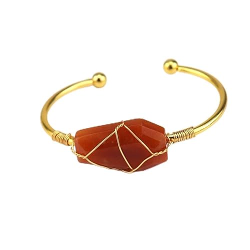 Xiao Hua Handgefertigtes Perlenarmband, geeignet für Männer und Frauen, handgefertigtes Gold-Kupferdraht-umwickeltes Naturkristall-Hexaeder-Armband, Original-Stein-Kristall-Armband (rot), 3 x 2 cm von Xiao Hua