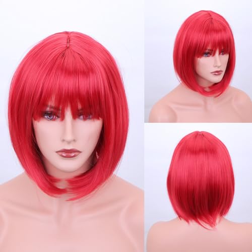 Xiao Hua Kurze, glatte Bob-Perücke mit Air-Pony, honigbraune Perücke für Damen, schulterlang, hitzebeständige Faser-Perücke, Rot von Xiao Hua