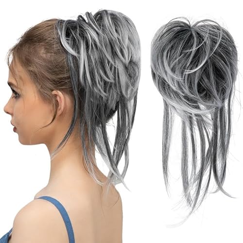 Xiao Hua Unordentliches Dutt-Haarteil, zerzauste Hochsteckfrisuren, Haarverlängerung, elastisches Haarband, Haarteile, lockiges Haar, Dutt, Haargummi für Damen, graue und weiße Spitzen von Xiao Hua