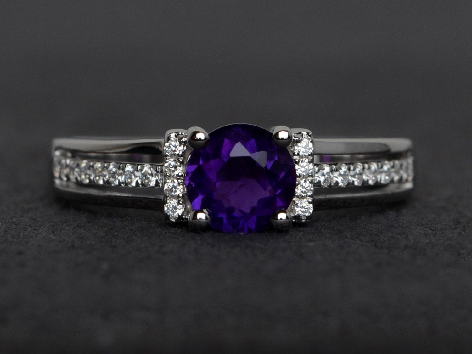 Amethyst Ring Echte Lila Edelstein Ringe Verlobungsring Runden Schnitt Februar Geburtsstein von XiaoCuiJewelry