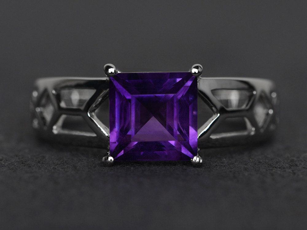 Amethyst Ringe Solitär Ring Quadratisch Geschnitten Verlobungsring Silber Lila Edelstein Februar Geburtsstein von XiaoCuiJewelry