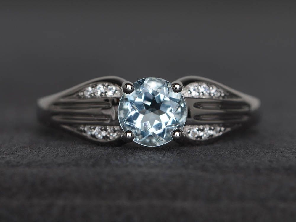 Aquamarin Ring Sterling Silber Rundschliff März Geburtsstein Verlobungsring Für Frauen von XiaoCuiJewelry