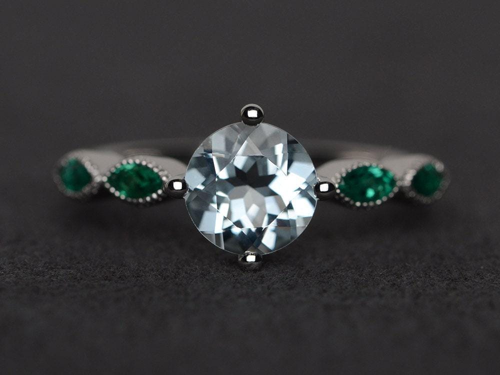 Aquamarinring Silber Verlobungsring März Geburtsstein Ring Jubiläum Versprechensring Rundschliff von XiaoCuiJewelry