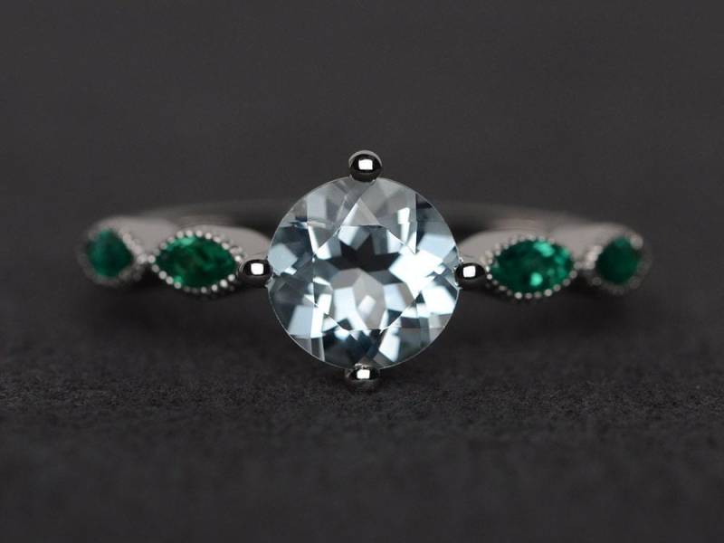 Aquamarinring Silber Verlobungsring März Geburtsstein Ring Jubiläum Versprechensring Rundschliff von XiaoCuiJewelry