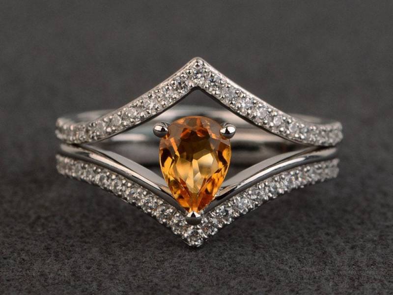 Citrin Ringe Gesetzt Gelbem Kristallring Verlobungsringe Birnenschliff November Geburtssteinring von XiaoCuiJewelry