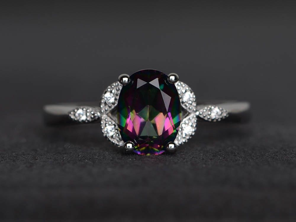 Cocktailparty-Ring Mystic Topas Ring Regenbogentopas Ovale Edelsteine 925Er Silber Regenbogen Edelstein von XiaoCuiJewelry