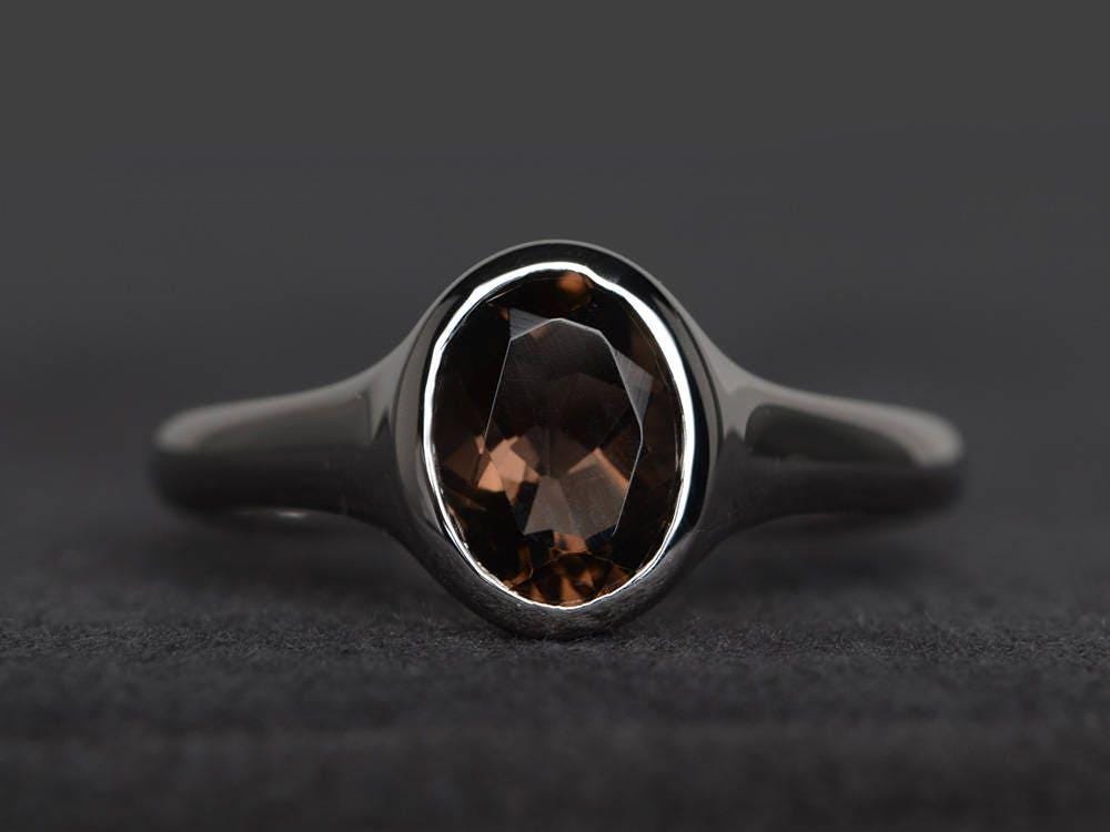 Cocktailparty-Ring Natürlicher Rauchquarz Ring Ovaler Brauner Edelstein Solitärring Sterlingsilberring von XiaoCuiJewelry