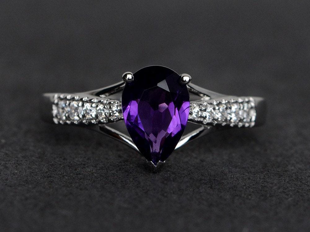 Echter Amethyst Ring Birnchenschliff Ringe Verlobungsring Silber von XiaoCuiJewelry