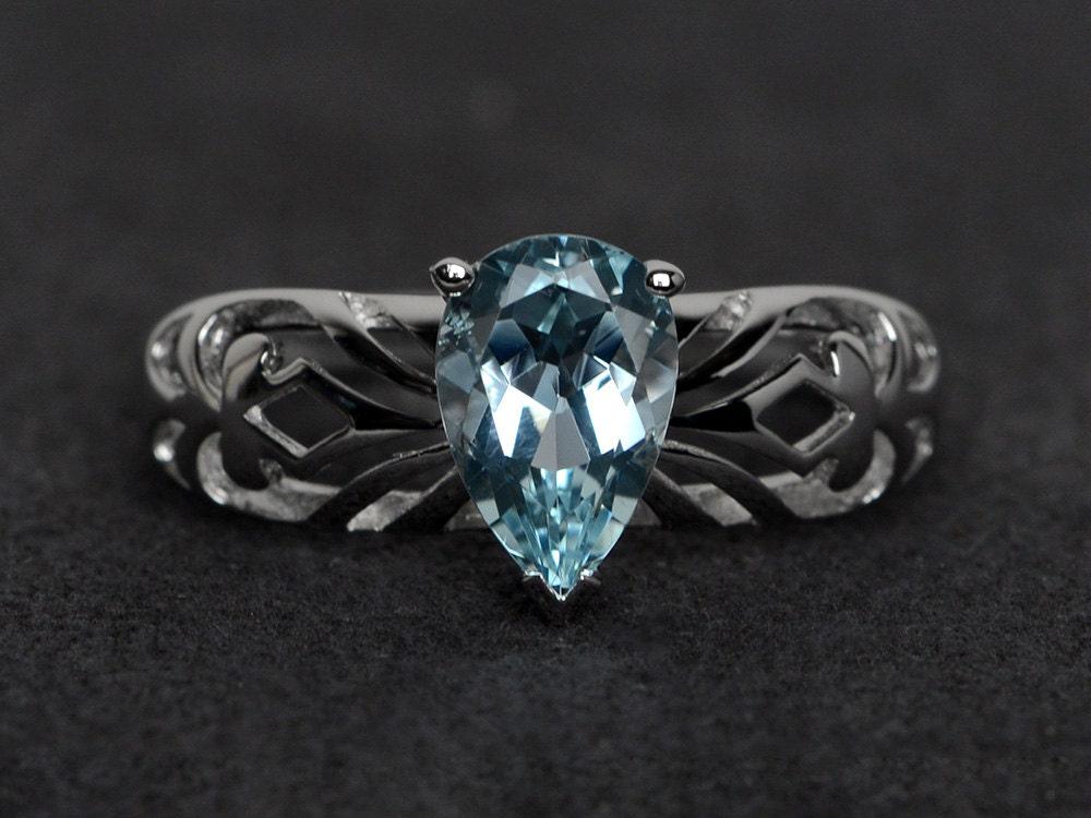 Echter Aquamarin Ring Blauer Edelstein Verlobungsringe Birnenschliff Solitär März Geburtsstein von XiaoCuiJewelry