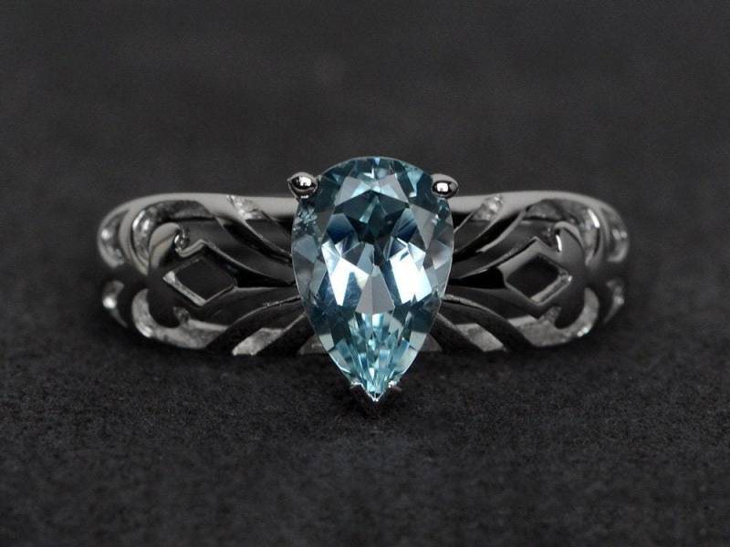 Echter Aquamarin Ring Blauer Edelstein Verlobungsringe Birnenschliff Solitär März Geburtsstein von XiaoCuiJewelry