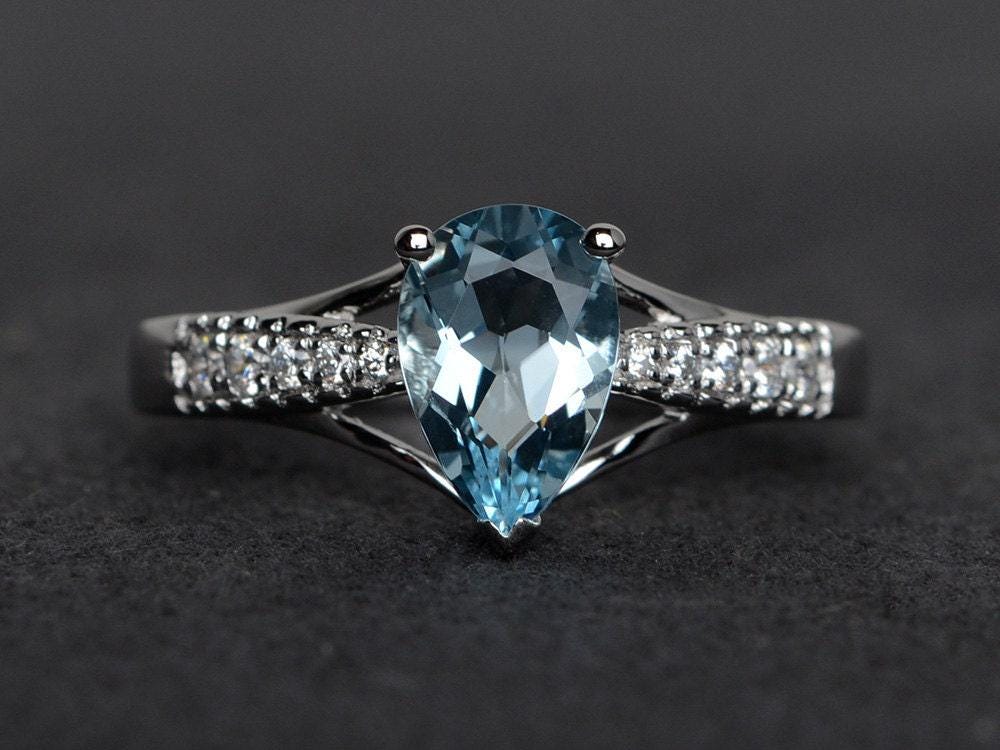 Echter Aquamarinring Silber Aquamarin Verlobungsringe Birnenschliff März Geburtsstein Ring von XiaoCuiJewelry