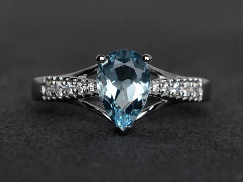 Echter Aquamarinring Silber Aquamarin Verlobungsringe Birnenschliff März Geburtsstein Ring von XiaoCuiJewelry