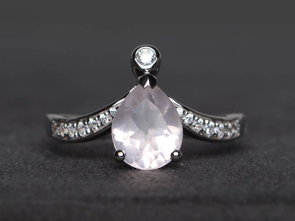 Ehering Natürlich Rosa Quarz Ring Birnenschliff Edelstein Sterling Silber Zinken Fassung von XiaoCuiJewelry