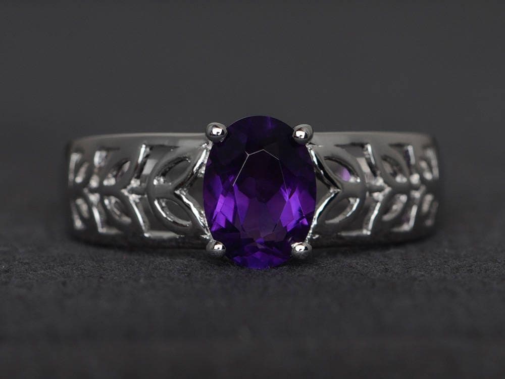 Ehering Natürliche Amethyst Sterling Silber Ring Solitärring Ovalschliff Februar Geburtsstein Lila Edelstein von XiaoCuiJewelry