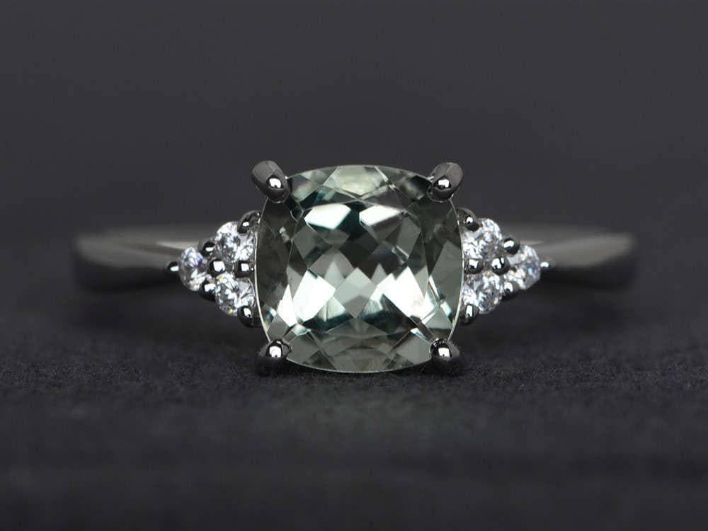 Grüner Amethyst Ring Kissenschliff Hochzeit Verlobungsring Sterling Silber Edelstein von XiaoCuiJewelry